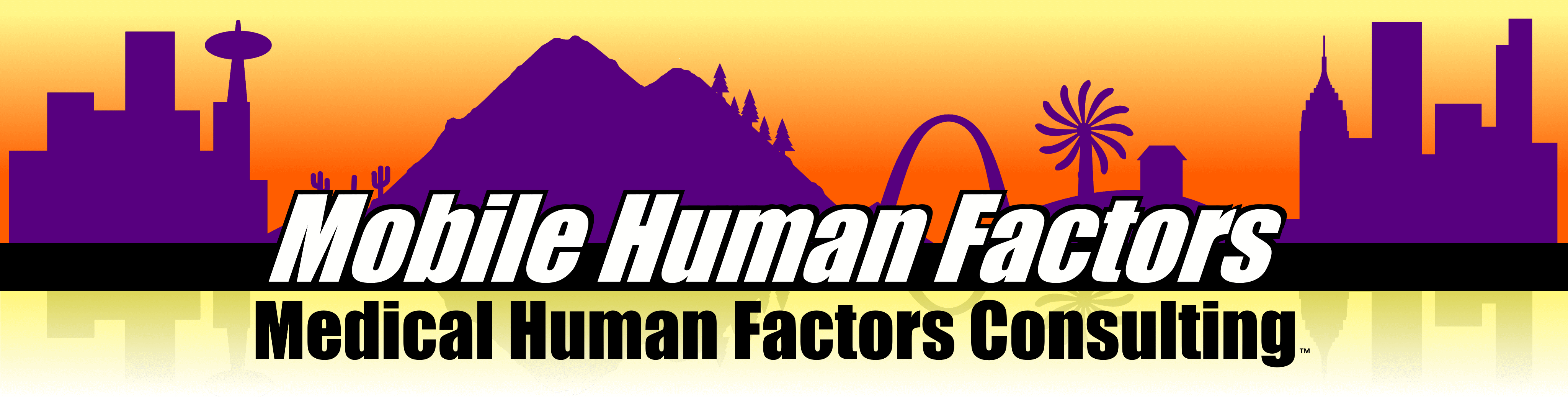Link to home page, the Mobile Human Factors colored logo, a skyline at sunset with features from the west to the east coast of the United States.